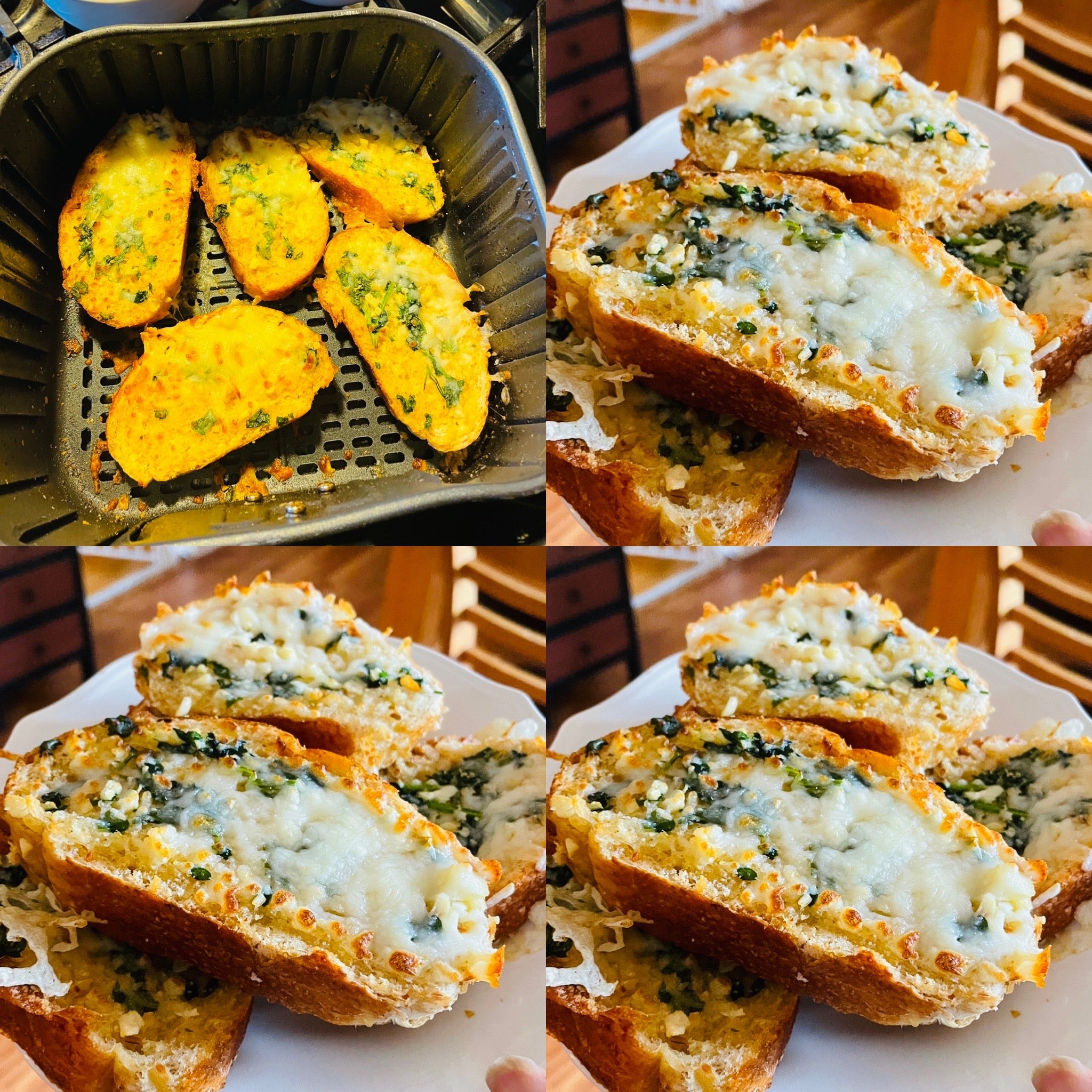 Different stages of the garlic bread being prepared with cheese
